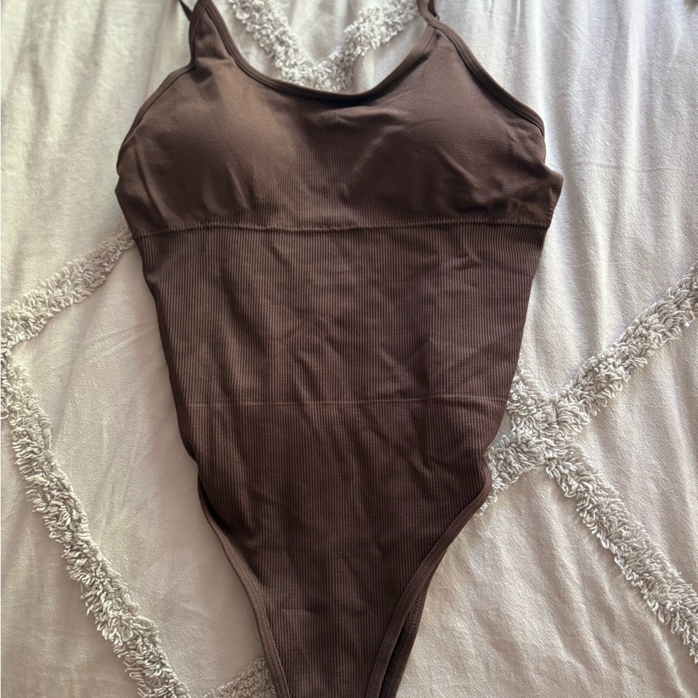 Brown Bodysuit with Scoop Neckline and High-Cut Design